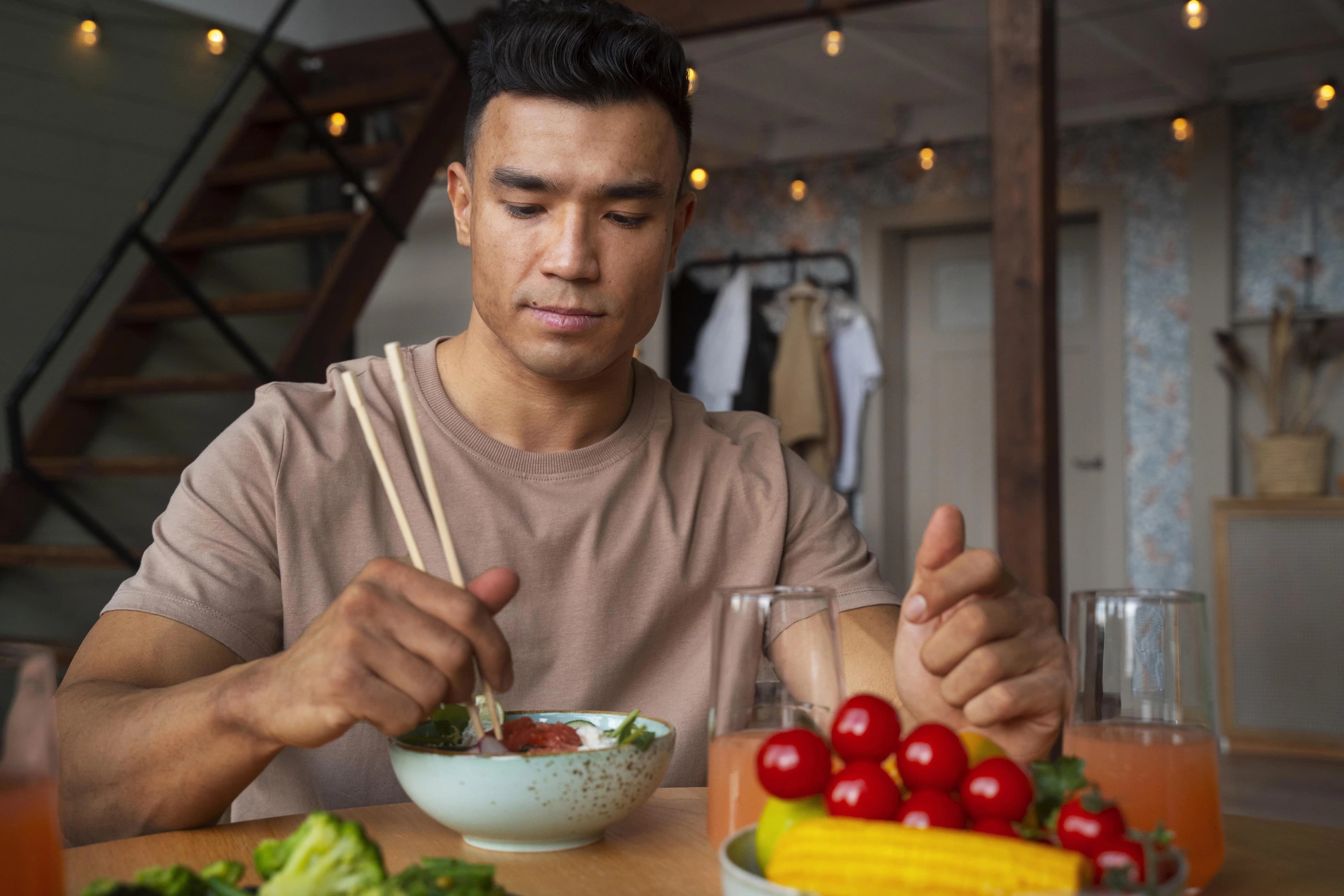 Young man sitting at a table eating a healthy meal with chopsticks, focusing on a bowl of salmon and vegetables, surrounded by fresh produce like cherry tomatoes and corn.