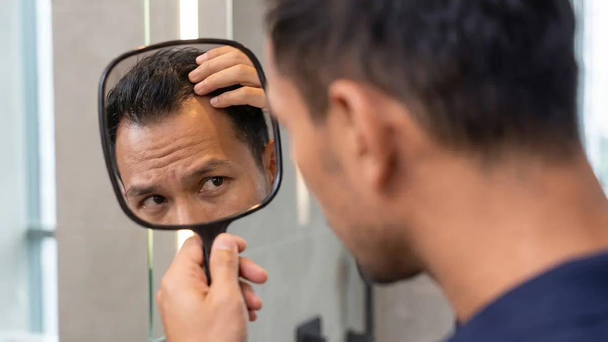 Close-up of a person holding their scalp, showing hair thinning, with text that reads 'Ano Ang Mga Uri Ng Sakit Sa Anit?' on a blue gradient background. The GoRocky logo is in the bottom right corner.