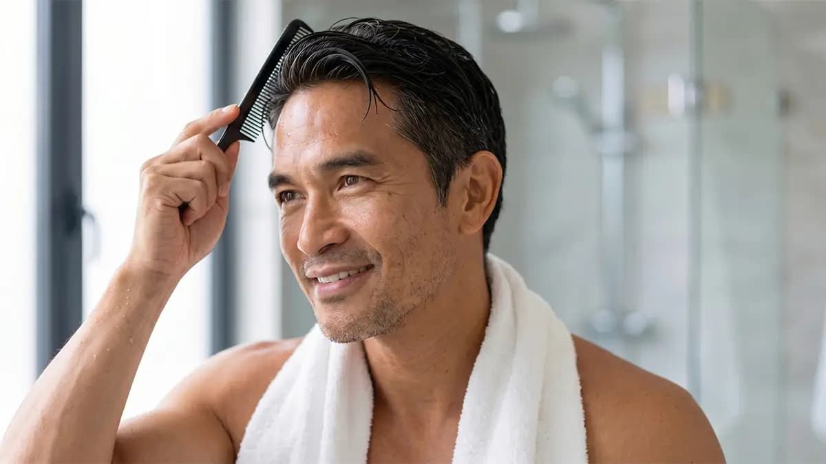 Man gently combing his hair after showering.